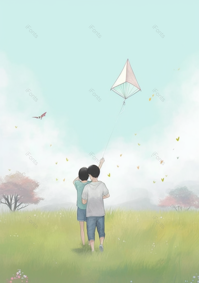 晴朗天空下两个人吗在户外草地上放风筝,插画/手绘图,插画/手绘图库,插画/手绘图下载,插画/手绘